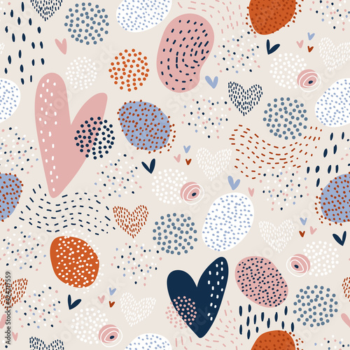 Semless colorful hand drawn pattern with hearts  abstract shapes  dots. Abstract hand drawn texture for fabric  textile  apparel. Vector illustration