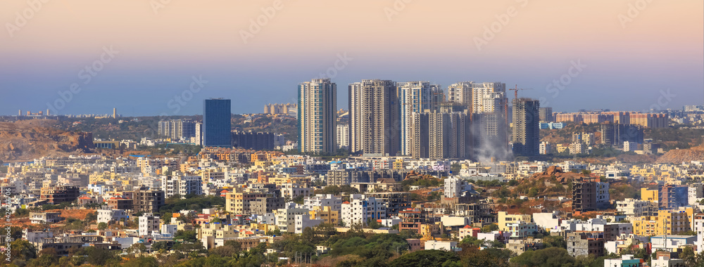 Panoramic view of Hyderabad financial district with colorful buildings in India