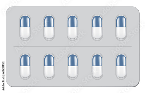 10 pills in a blister pack. Realistic looking vector with tablets in white-blue.