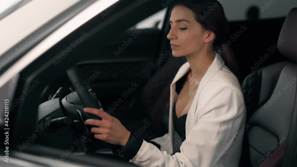 Stylish business woman driving a car posing in front of the camera Stylish business woman driving a car posing in front of the camera