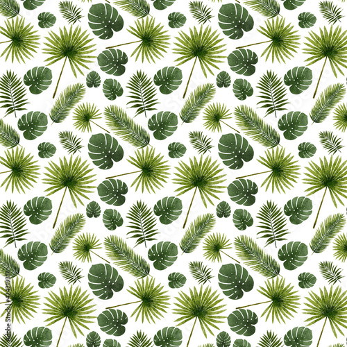Tropical Seamless Pattern. Painted Floral Background. Monstera Feather Leaves Tropical Seamless Pattern. Cool Summer Fabrics.