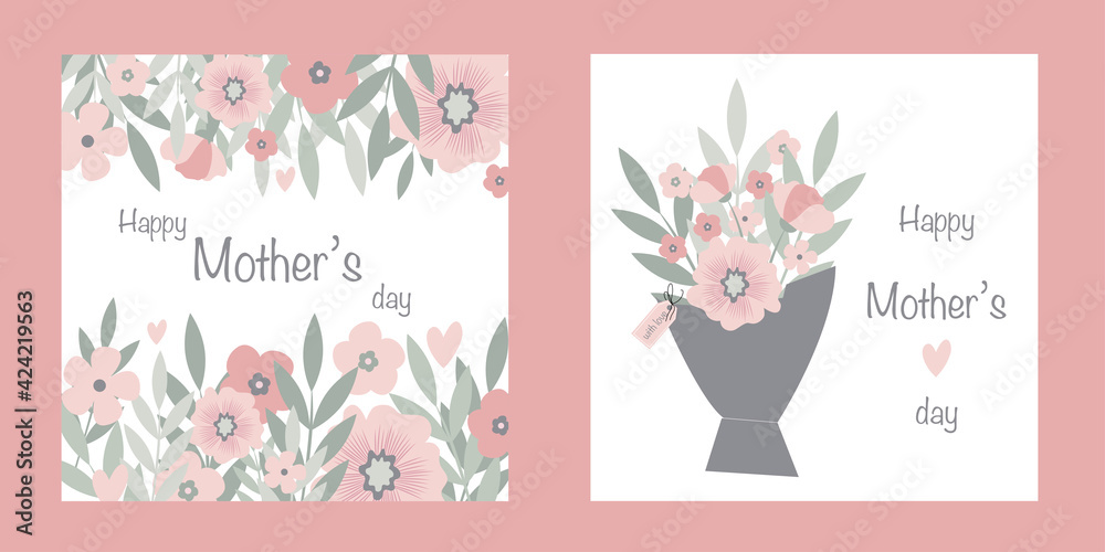 Set of vector greeting cards for mothers day with flowers and leaves and text Happy Mothers day