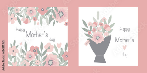 Set of vector greeting cards for mothers day with flowers and leaves and text Happy Mothers day