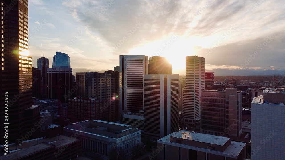 Aerial photo of Denver cityscape at sunset