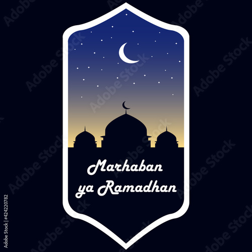 A graphic design greeting card and also a template about ramadan kareem and Marhaban Ya Ramadhan with an elegant mosque design. suitable for use on social media to welcome the coming month of Ramadan 
