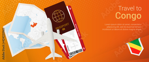 Travel to Congo pop-under banner. Trip banner with passport, tickets, airplane, boarding pass, map and flag of Congo.
