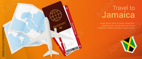 Travel to Jamaica pop-under banner. Trip banner with passport, tickets, airplane, boarding pass, map and flag of Jamaica.