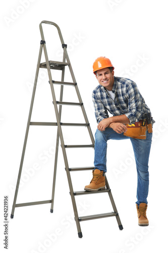 Professional builder near metal ladder on white background