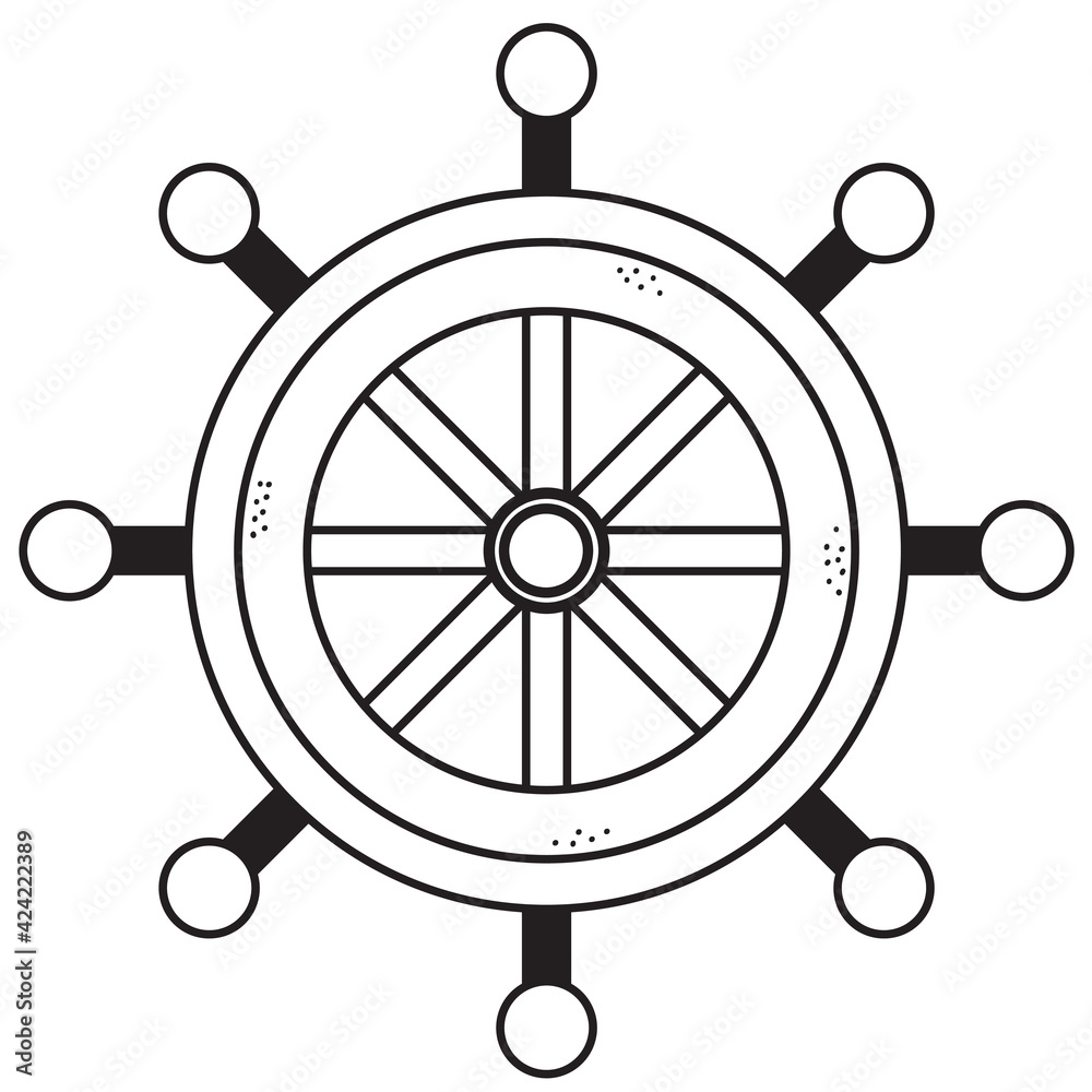 Steering wheel of the ship. The control element of the ship is the rudder. Vector. Line, outline