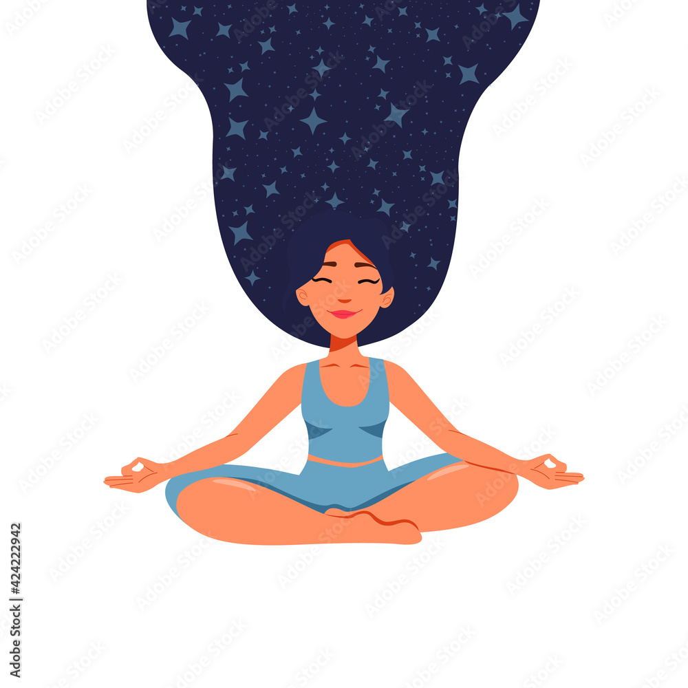 Woman meditating in the Lotus position and saying Om. Girl with practising the guided meditation. Modern flat illustration on yoga topic.Vector illustration. Yoga girl in levitation. Stars in hairs