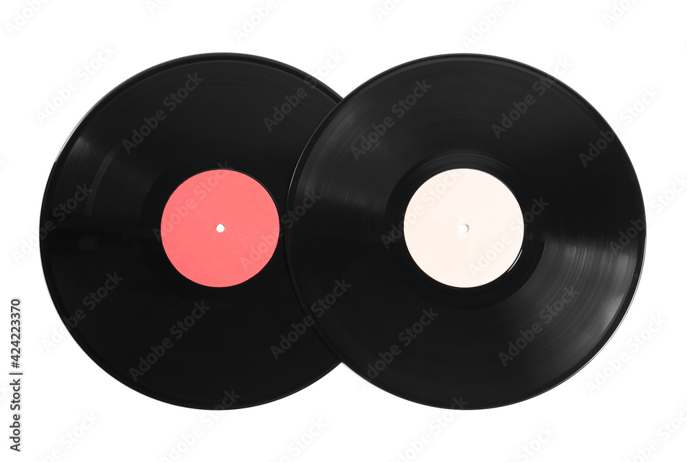 Obraz premium Vintage vinyl records on white background, top view