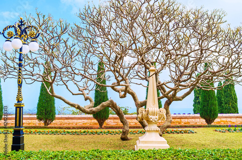 The stone obelisk in Bahai Garden, Haifa, Israel