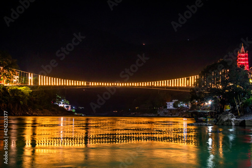 Spectacular illuminated panoramic cityscape of Rishikesh, the yoga capital of World located in foothills Himalayas along banks of river Ganga or Ganges in Uttarakhand state of India. photo