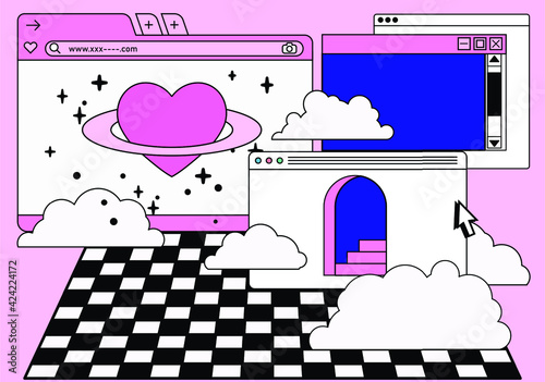 Retro vaporwave desktop with message boxes and user interface elements. Conceptual illustration of dating app.