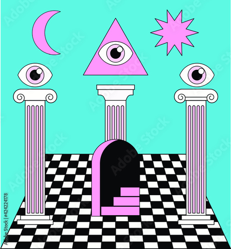 Surreal vaporwave landscape with a checkerboard floor, ancient columns and the all-seeing eye in a triangle. Trendy occult psychedelic style illustration.