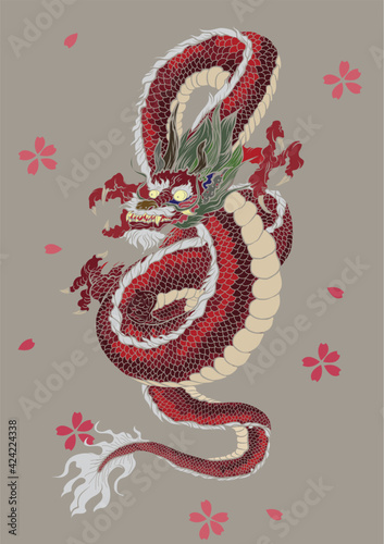 Hand drawn Silhouette dragon.Chinese dragon tattoo.Black and white Traditional Japanese dragon.Dragon is Magical creatures known in Chinese and Western literature.
