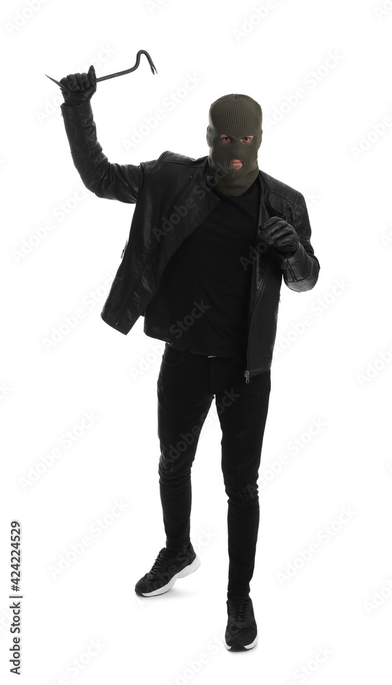 Man wearing knitted balaclava with crowbar on white background Man wearing knitted balaclava with crowbar on white background