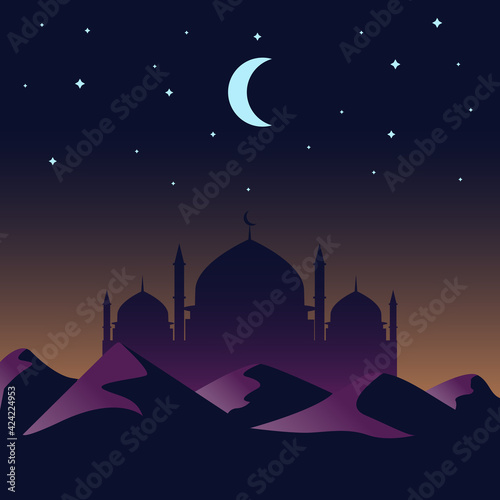 graphic design illustration of a mosque in the desert at night in the month of Ramadan on laylatul qadr. Suitable for breaking fast together design, Ramadan theme poster templates.