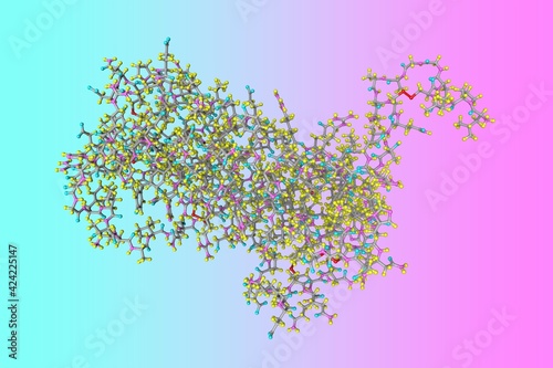 Molecular model of human prolactin  a hormone produced in the pituitary gland  named because of its role in lactation. Scientific background. 3d illustration