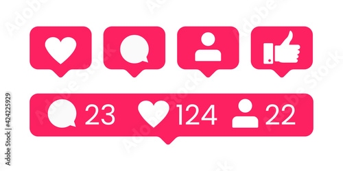 Social network icons pack. Like, comment, follow. Eps10 vector illustration.