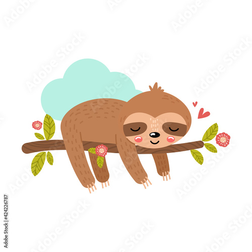 Baby sloth sleeping sweetly on a branch. Cute vector illustration. photo