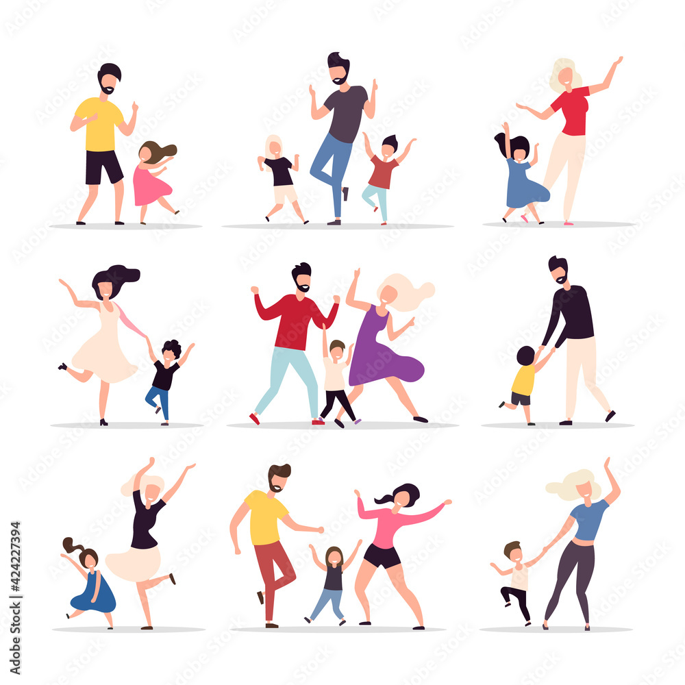 Set of dancing families isolated on a white background. Happy parents and children celebrate the holiday. Family dances and parties. Vector illustration. Flat style