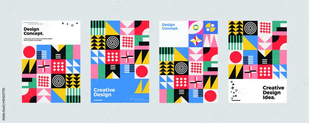 Colored neo geometric set of posters. Modern grid flyer with geometric shapes, geometry graphics and abstract background vector set. Company identity brochure template collection. Vector, EPS10