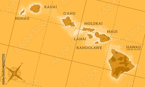 Fényképezés Vector Illustration of Hawaii Islands Map in United States of America