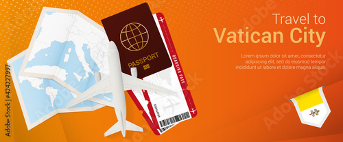 Travel to Vatican City pop-under banner. Trip banner with passport, tickets, airplane, boarding pass, map and flag of Vatican City.