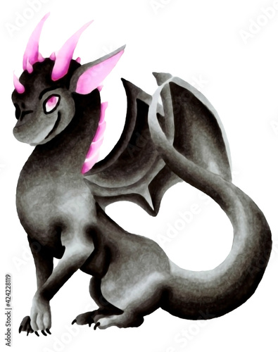 Sitting black dragon with pink horns and wings that smiles. Technique alcohol markers.