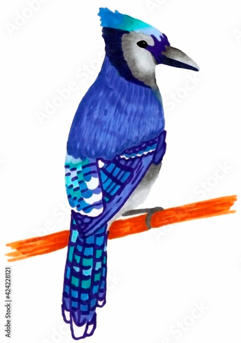 Rare beautiful blue and blue woodpecker. A beautiful bird on a branch. Technique alcohol markers. Materials alcohol markers.