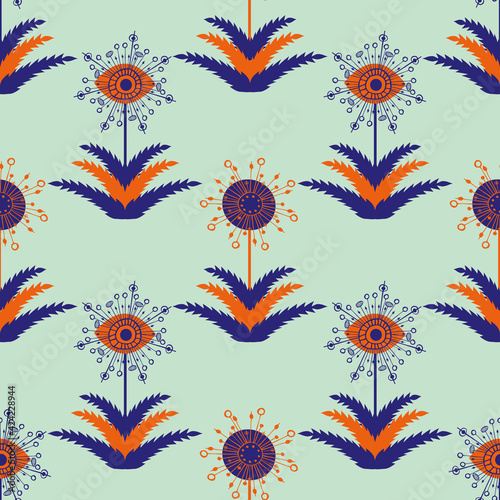 Abstract dandelion seeds seamless vector pattern background.Stylized folk art mix of herbacious garden flowers purple, yellow, blue backdrop.Geometric ornate hand drawn botanical repeat for wellness