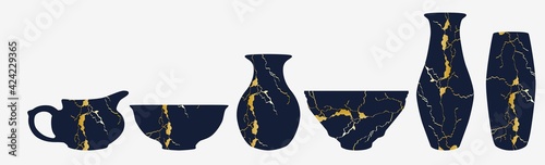Repaired Japan vase kintsugi art color sketch engraving illustration. Scratch board style imitation.