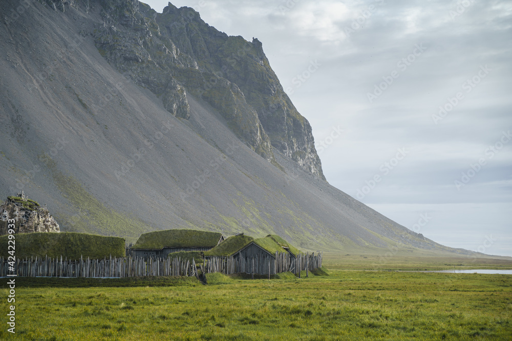Viking Village near Vestrahorn mountain at Stokksnes headland coast in East Iceland