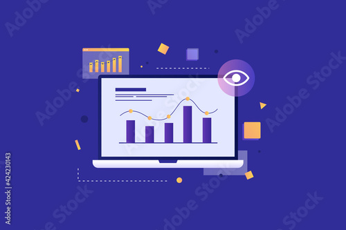 Laptop monitor with statistics graph. Track the growth and decline of indicators on the chart. Modern digital technologies. Vector illustration on a blue background.
