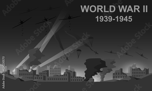World War II 1939-1945 black and white vector illustration. Night battlefield scene monochrome icon.