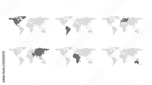 World maps with continents. Designation of different continents. Vector illustration.