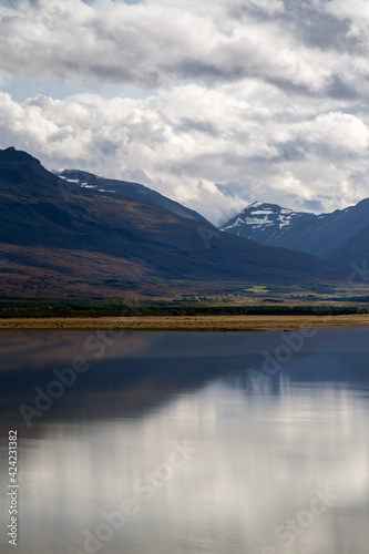 Mountains reflected in a lake. East Iceland landscape