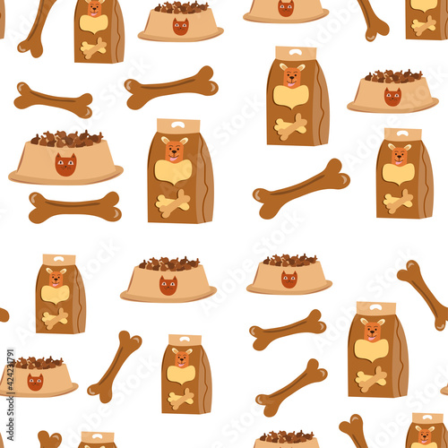 Pets food theme seamless pattern. Packages with feeding for cats, dogs, bones and bowl with cookies. Collection of pets elements. Various pet supplies. Cartoon vector illustration.