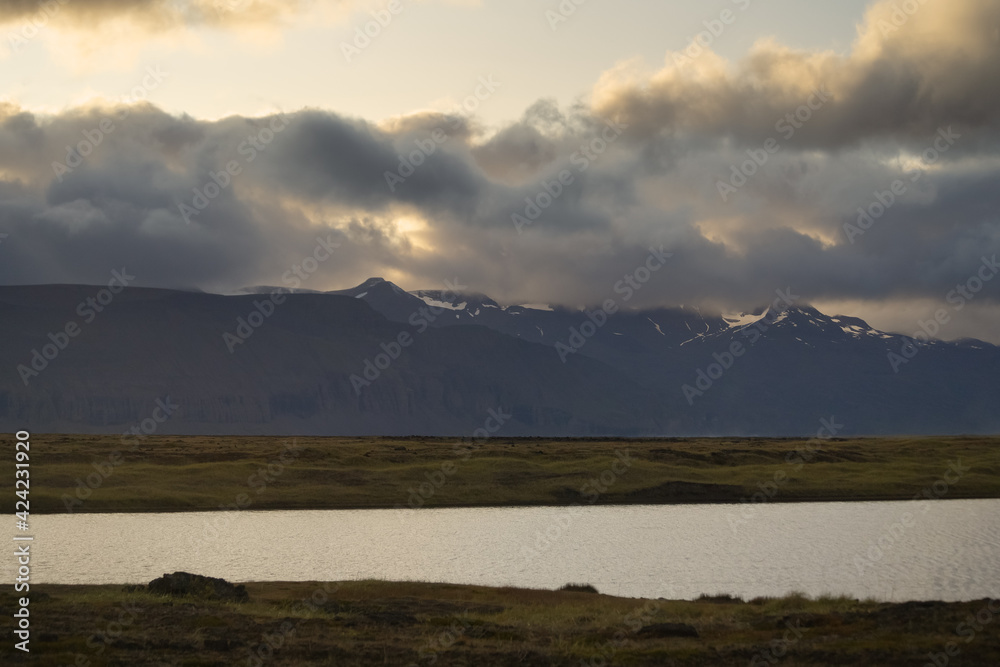 Northeast Iceland. Mountains nature landscape at dramatic sunset