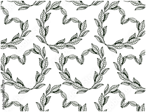Line art pattern of green tea leaves in heart shape isolated on white background. Matcha leaf wallpaper. Organic, Engraved plant, sketch botanical textile. Vector illustration.