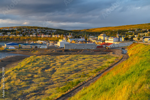 Husavik town in Northeast Iceland. City landscape at sunset