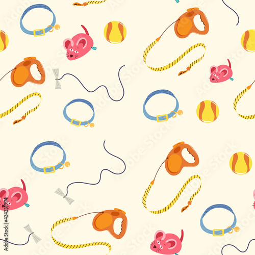 Pet toys seamless pattern. Accessories for playing pets. Collection of pets elements. Various pet supplies. Cartoon vector illustration.
