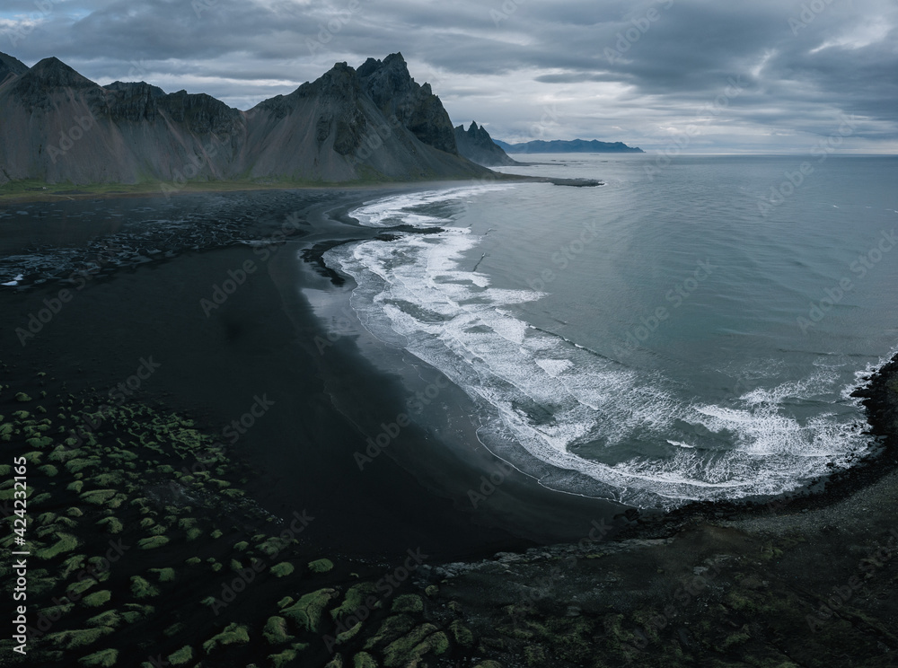 Aerial drone view of Vestrahorn mountain at Stokksnes cape in East Iceland. Icelandic nature landscape from above