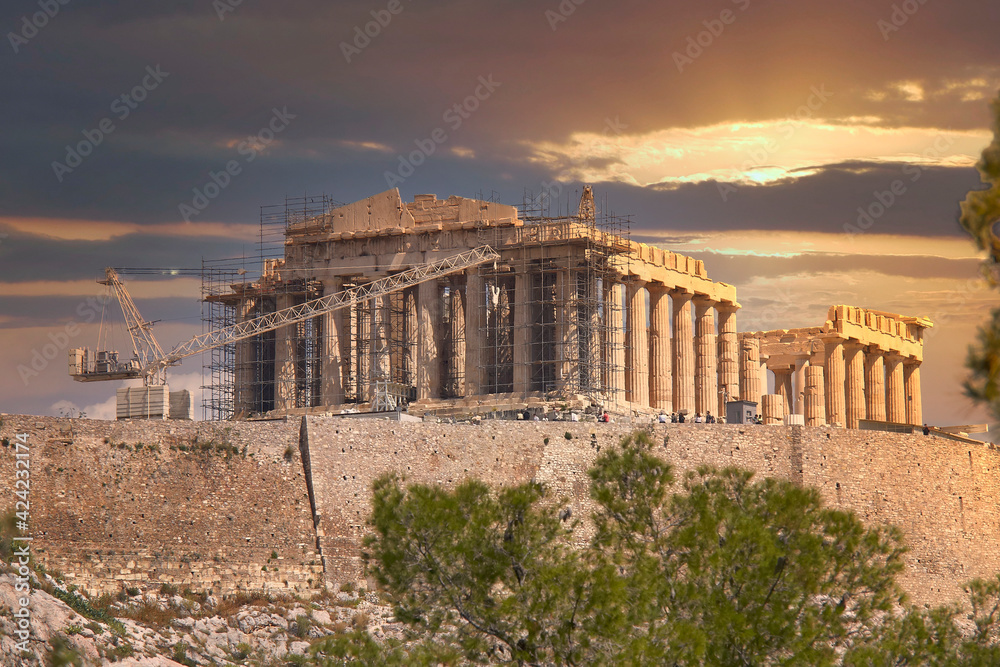 sundown in Athens Greece, Parthenon ancient temple and Acropolis hill scenic view