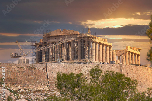 sundown in Athens Greece, Parthenon ancient temple and Acropolis hill scenic view