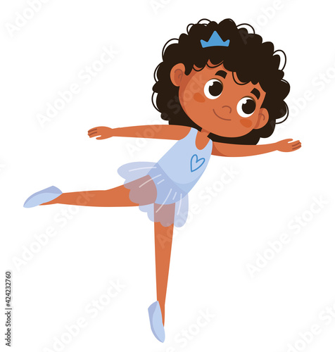 Cute black ballerina dancing. The child is standing in a pose. girls ballet friends illustration cover design in vector. Kid in a crown and a festive blue dress.