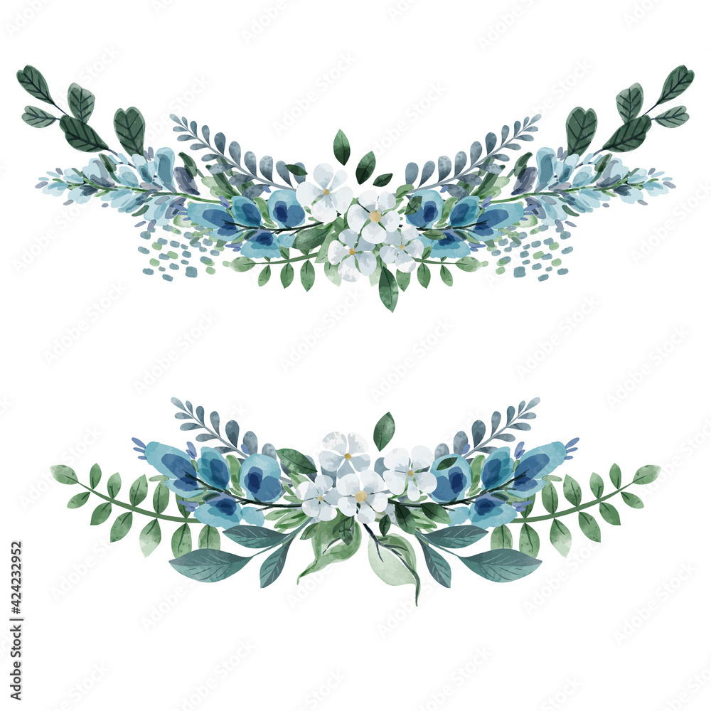 Set of two floral symmetric bouquets, cold greenery - obrazy, fototapety, plakaty 