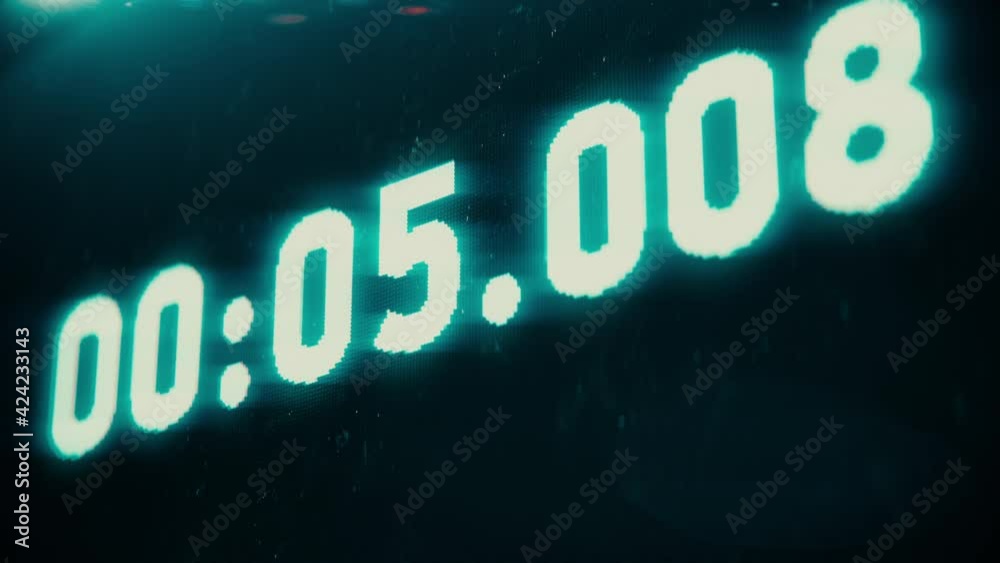 Retro blue digital countdown timer with milliseconds, clock, running