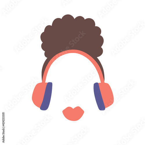 Vector illustration with women podcast concept. Logo design for broadcast show or radio host. African curly female character with big headphones and red lips. Music jazz show. Cartoon flat artwork